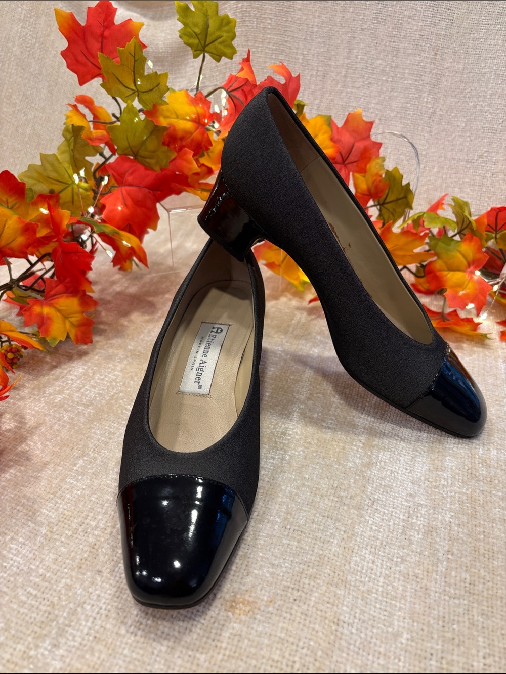 Etienne Aigner Black Fabric Flats with Patent Black Cap Toe